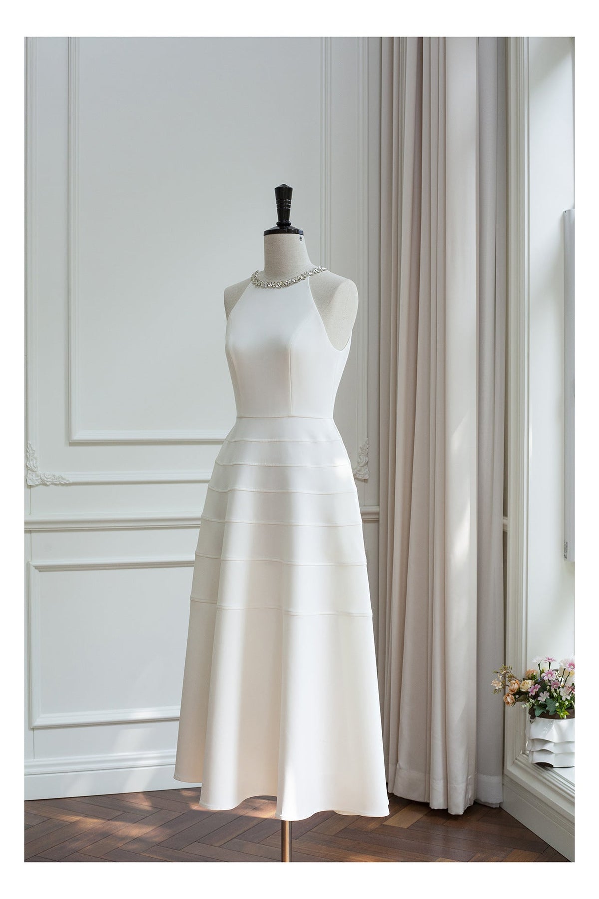 Sleeveless halter neck with diamond midi dress in white Flowering Girl