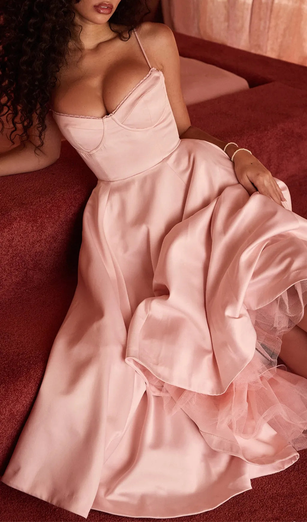 Alodia Pink Mesh Hem Midi Dress Flowering Girl
