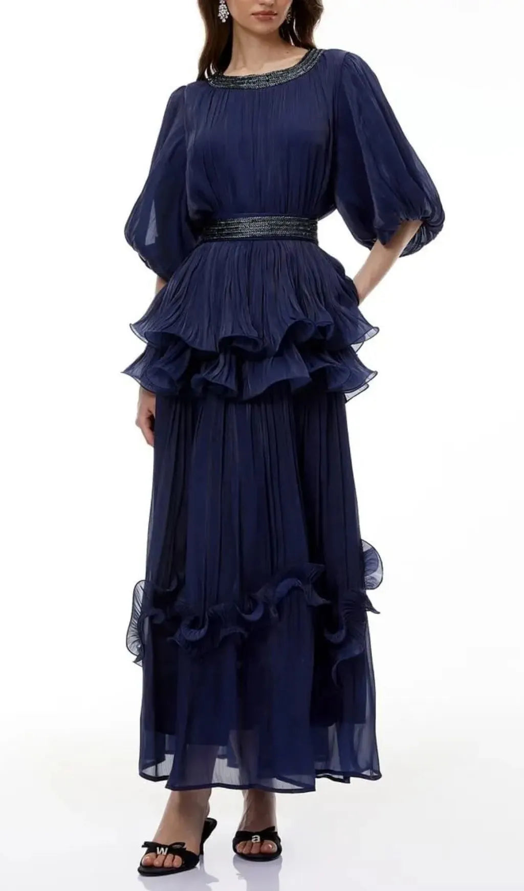 Lorraine Navy Blue Embellished Pleated Maxi Dress Flowering Girl