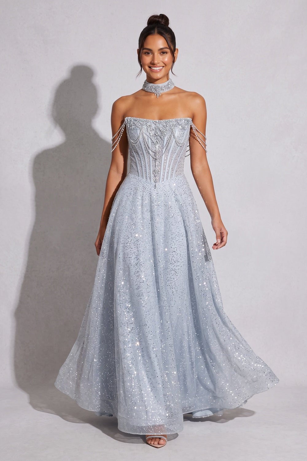 Ice Blue Glitter-Dusted Tulle A-Line Gown Flowering Girl