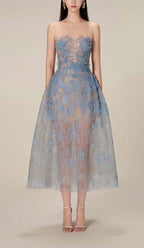 Allyson Blue Floral Lace Embroider Midi Dress Flowering Girl