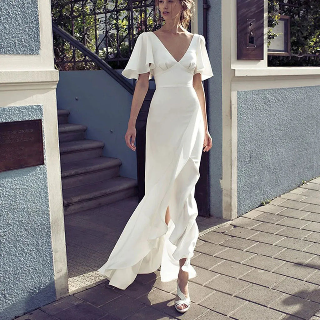 White Irregular V-Neck Backless Flared Sleeves Satin Dress Flowering Girl