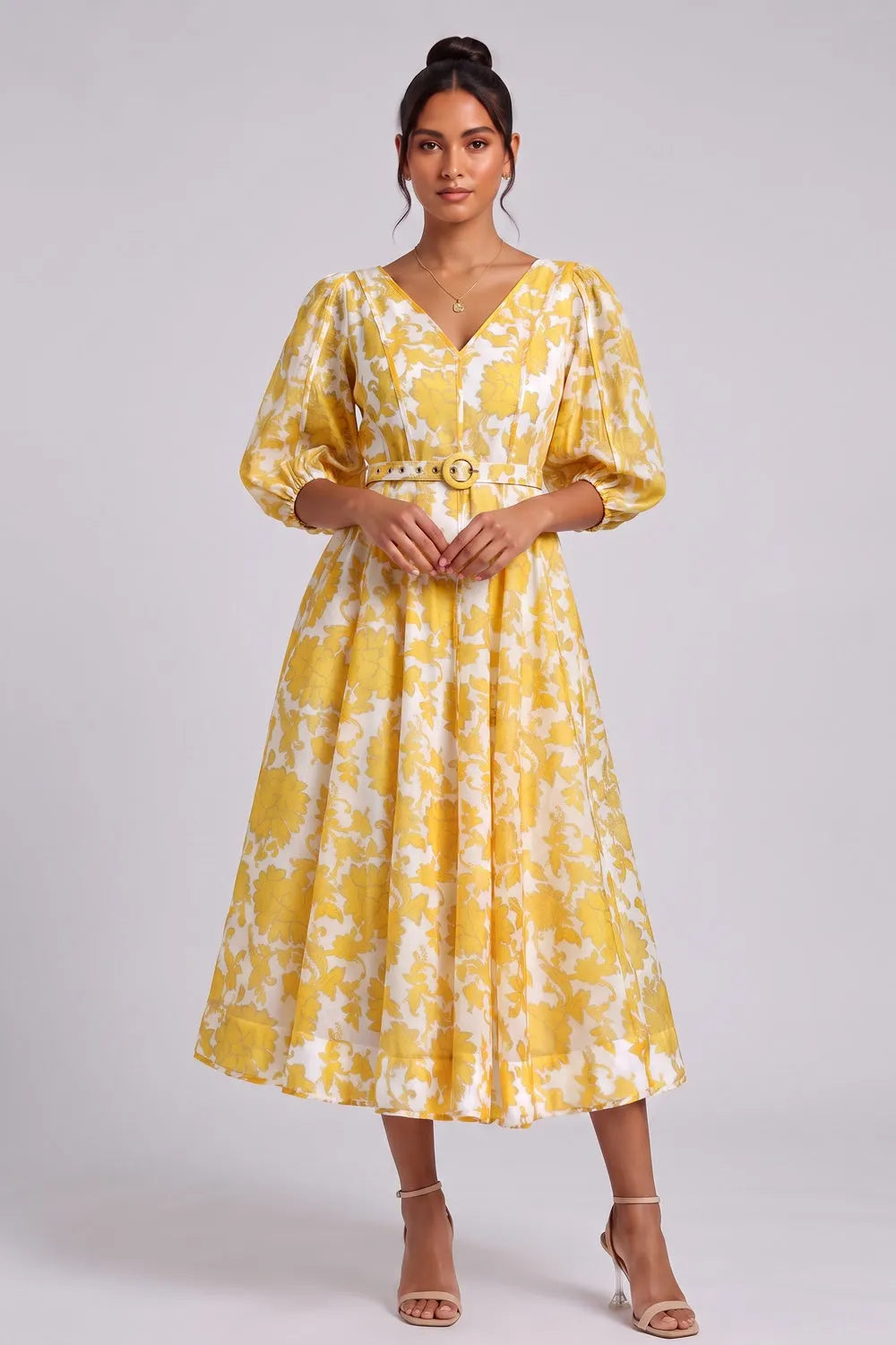 Yellow Floral Midi Dress with Belt Flowering Girl