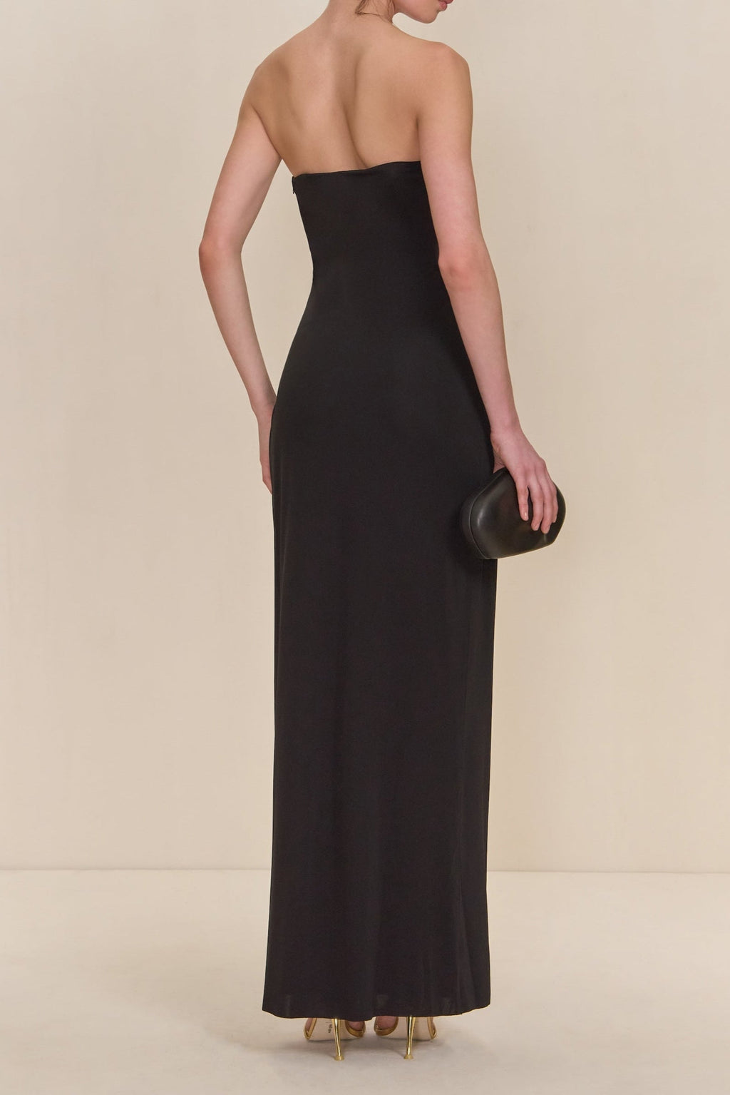 signature gold hardware cutout strapless column gown in black Flowering Girl
