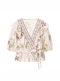 V-Neck Linen Blend Floral Shirt Flowering Girl