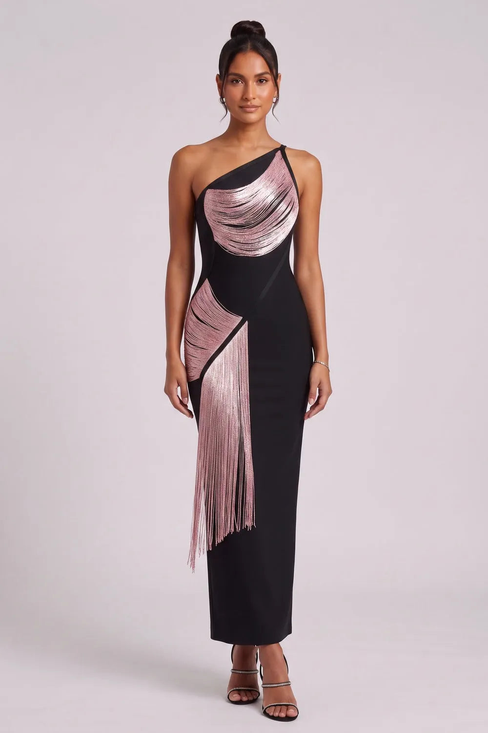 Black One-Shoulder Fringe Column Dress Flowering Girl