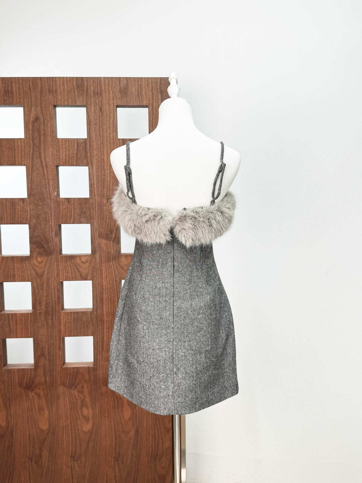 Victoria Spaghetti Faux Fur Mini Dress In Grey Flowering Girl