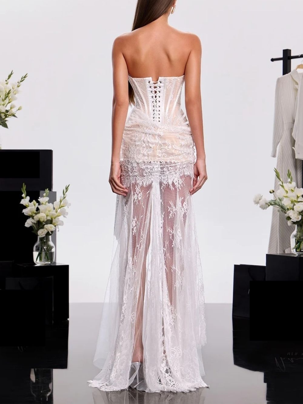 Hylrek Strapless Lace Maxi Dress Flowering Girl