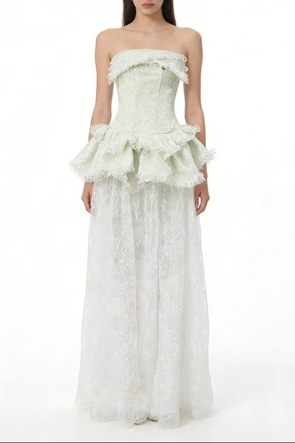 Tiffany Fitted Lace-Paneled Strapless Maxi Dress In Green Flowering Girl