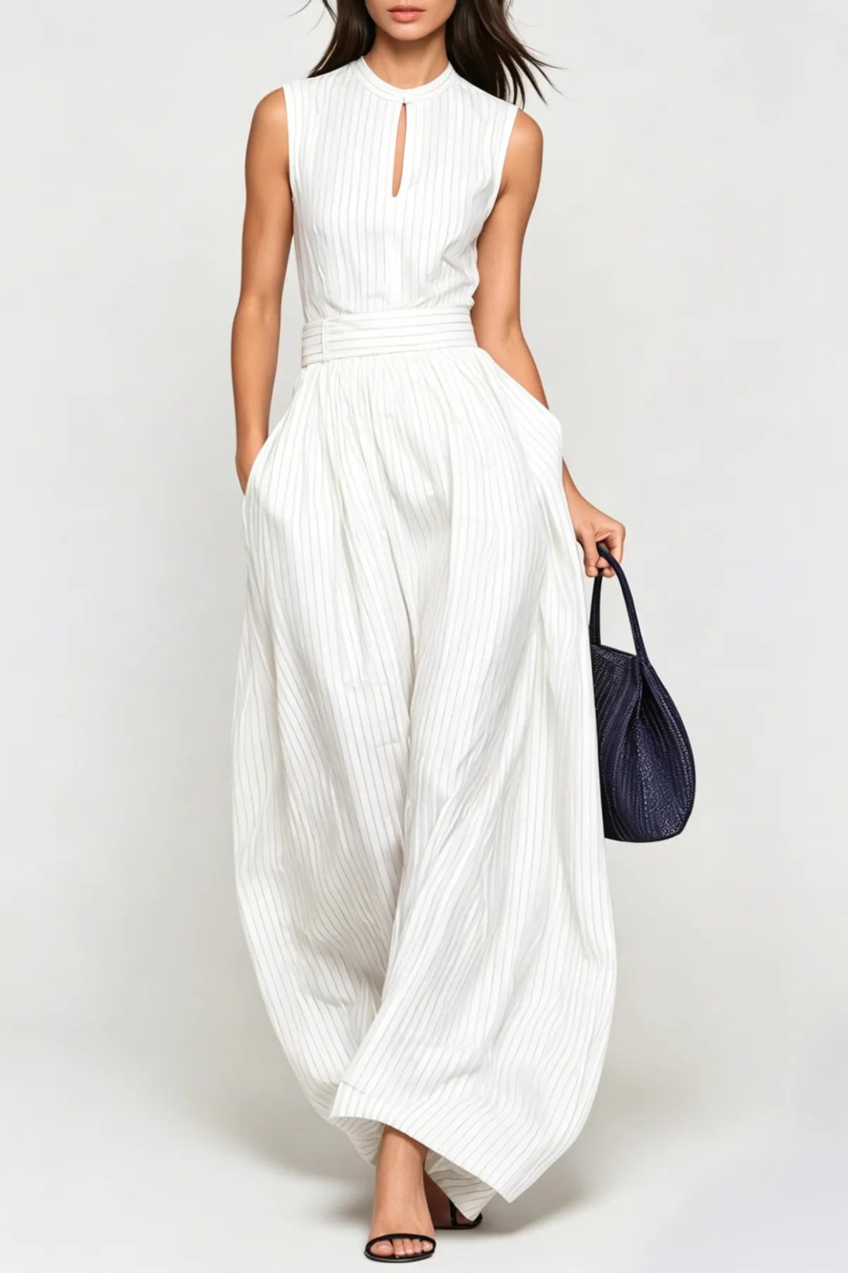 Eufemia Sleeveless Stripe Cutout Jumpsuit - Beige Flowering Girl