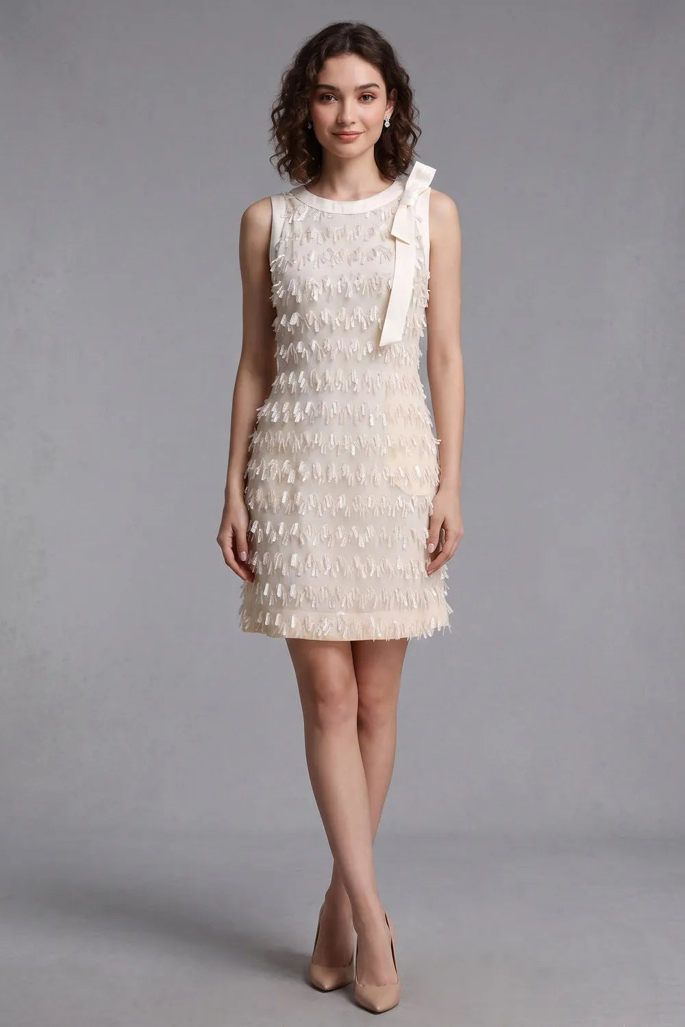 Cream Textured Woven Fabric With Ribbon Fringe Shift Dress Flowering Girl
