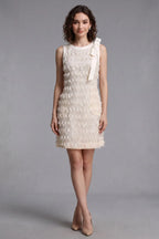 Cream Textured Woven Fabric With Ribbon Fringe Shift Dress Flowering Girl