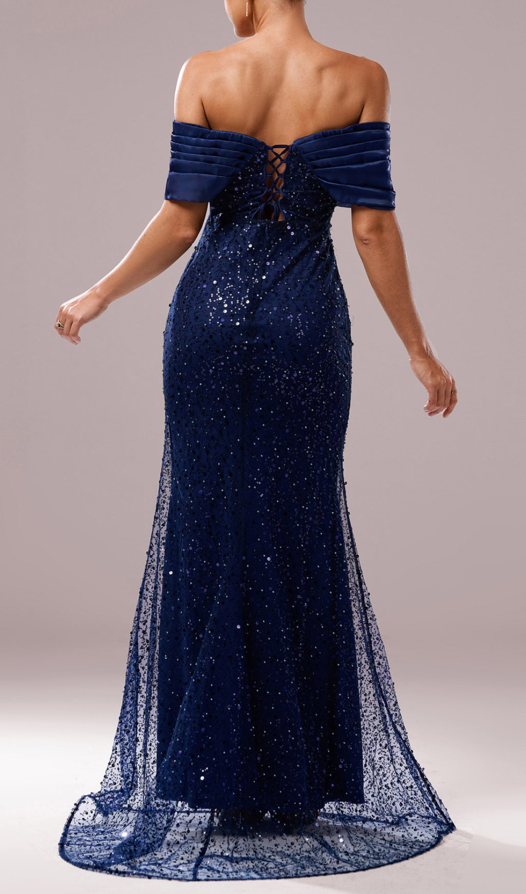 Dorit Navy Off-Shoulder Sequin Maxi Dress Flowering Girl