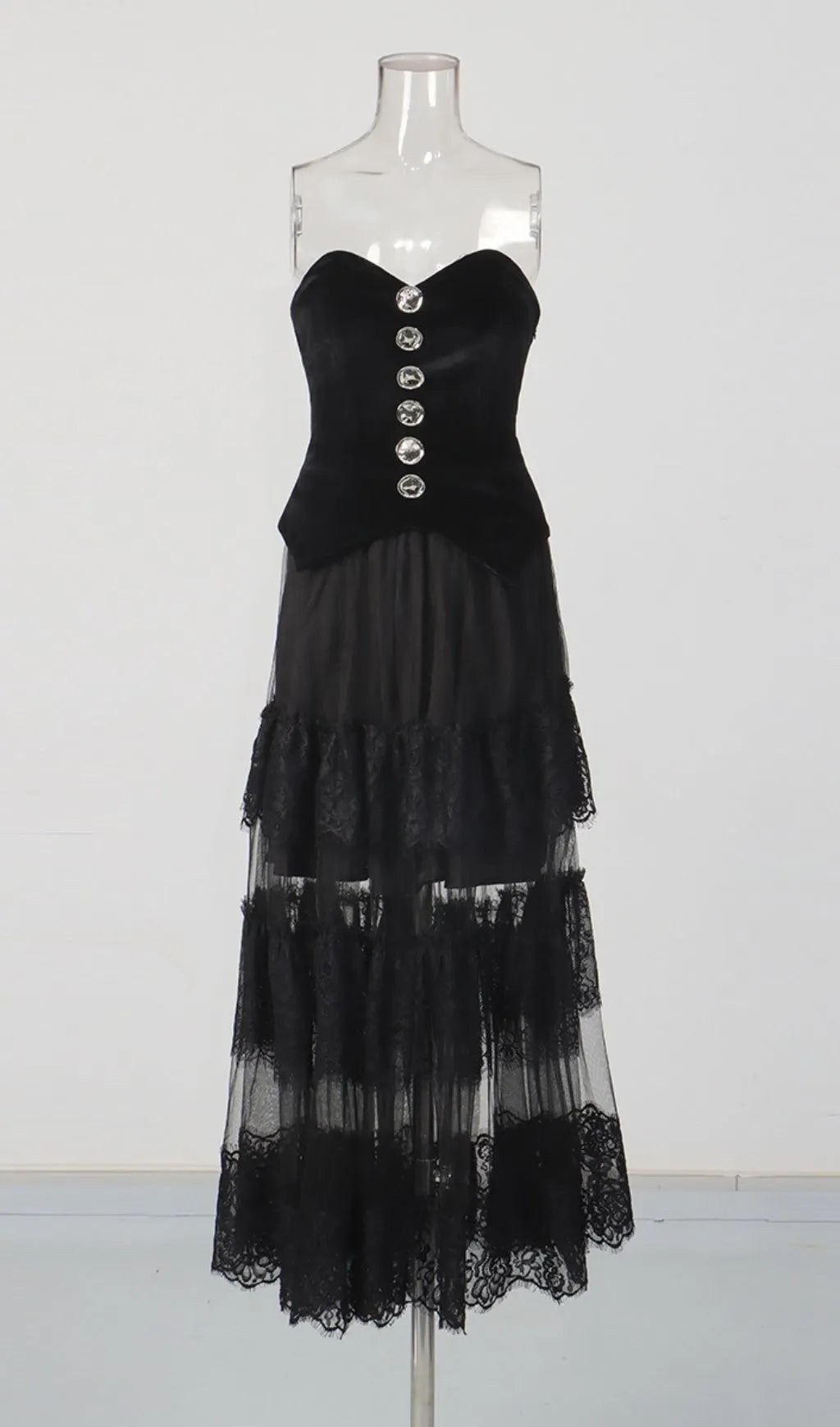 Mahah Black Strapless Lace Maxi Dress Flowering Girl