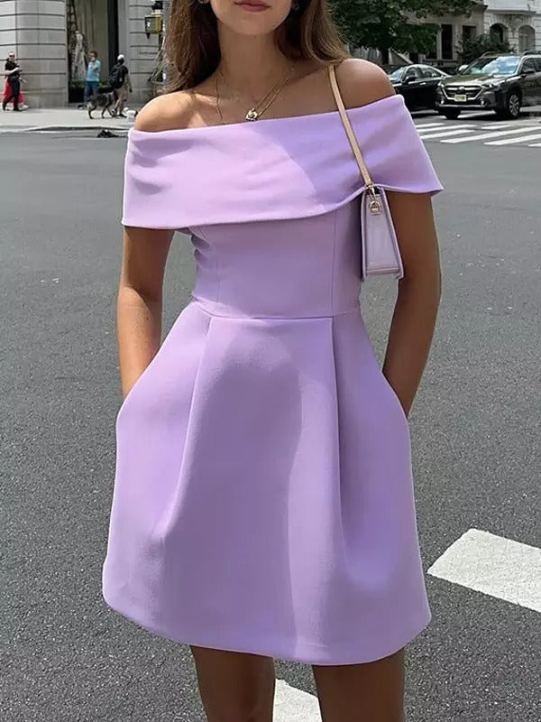 belted off-shoulder a-line mini dress in purple Flowering Girl