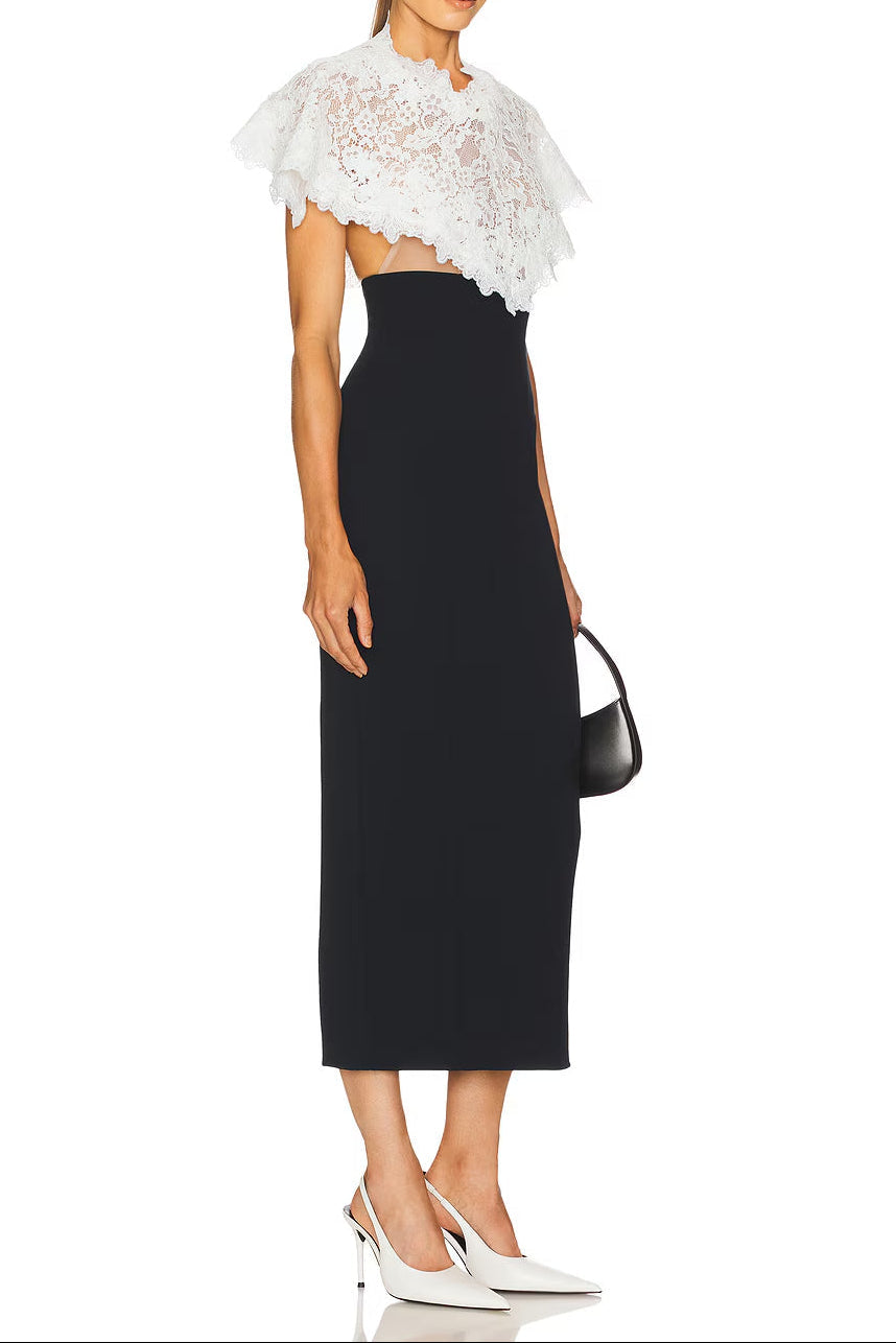 Alice Lace Patchwork Shawl Bodycon Midi Dress In Black Flowering Girl