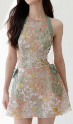 Itsuo Halter Flower Embroidery Mini Dress Flowering Girl