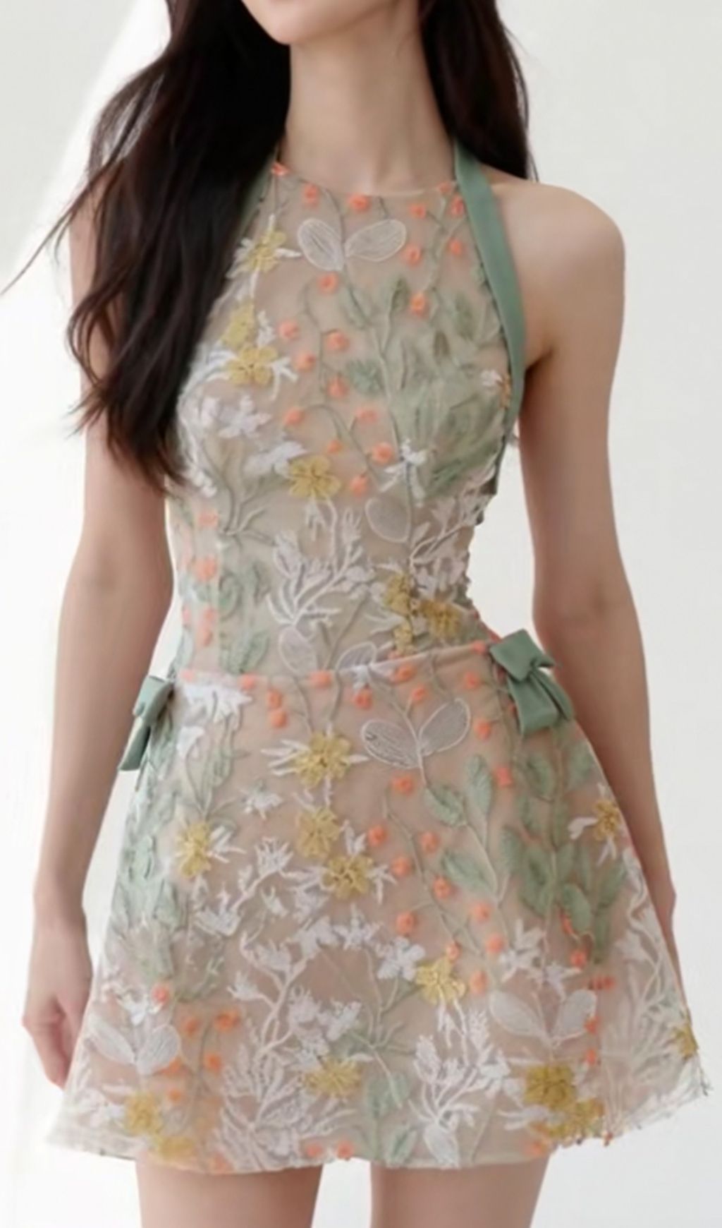 Itsuo Halter Flower Embroidery Mini Dress Flowering Girl