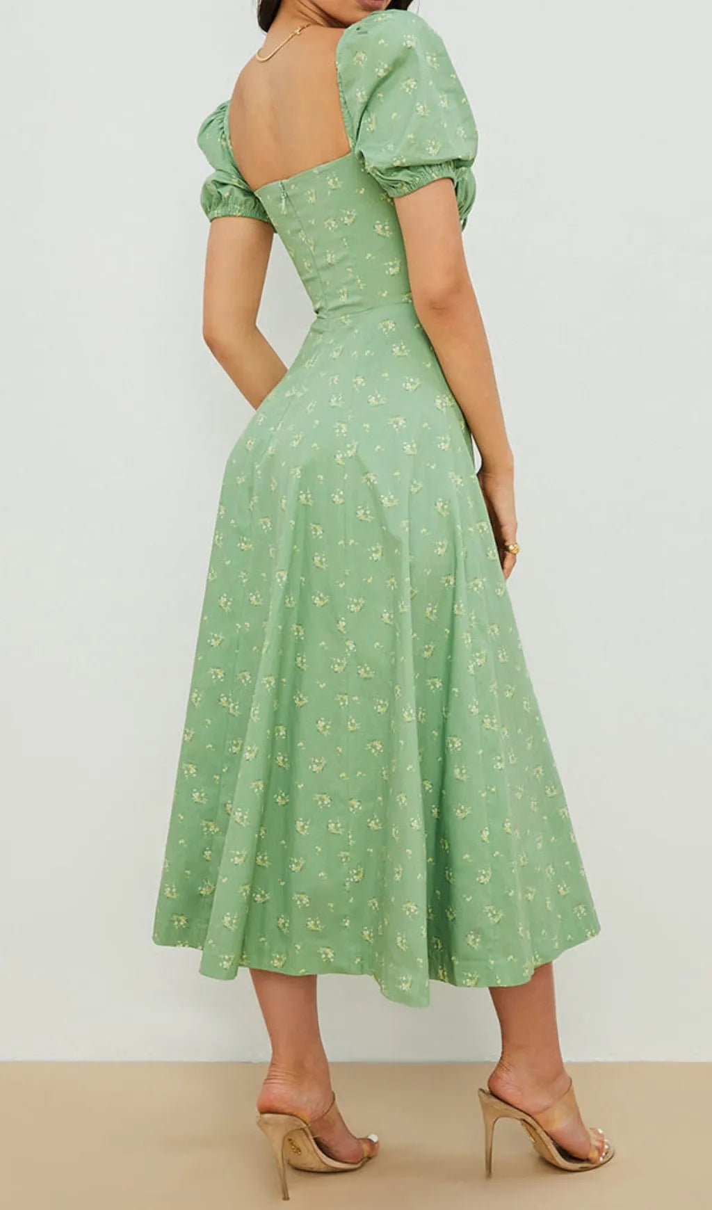 Vintage Floral Puff Sleeve Midi Dress In Green Flowering Girl