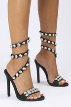 Laura Diamond Ankle Strap Stiletto Sandals - Black Flowering Girl
