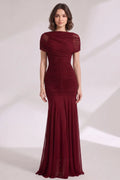 Burgundy Mesh Mermaid Evening Gown Flowering Girl