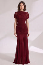 Burgundy Mesh Mermaid Evening Gown Flowering Girl
