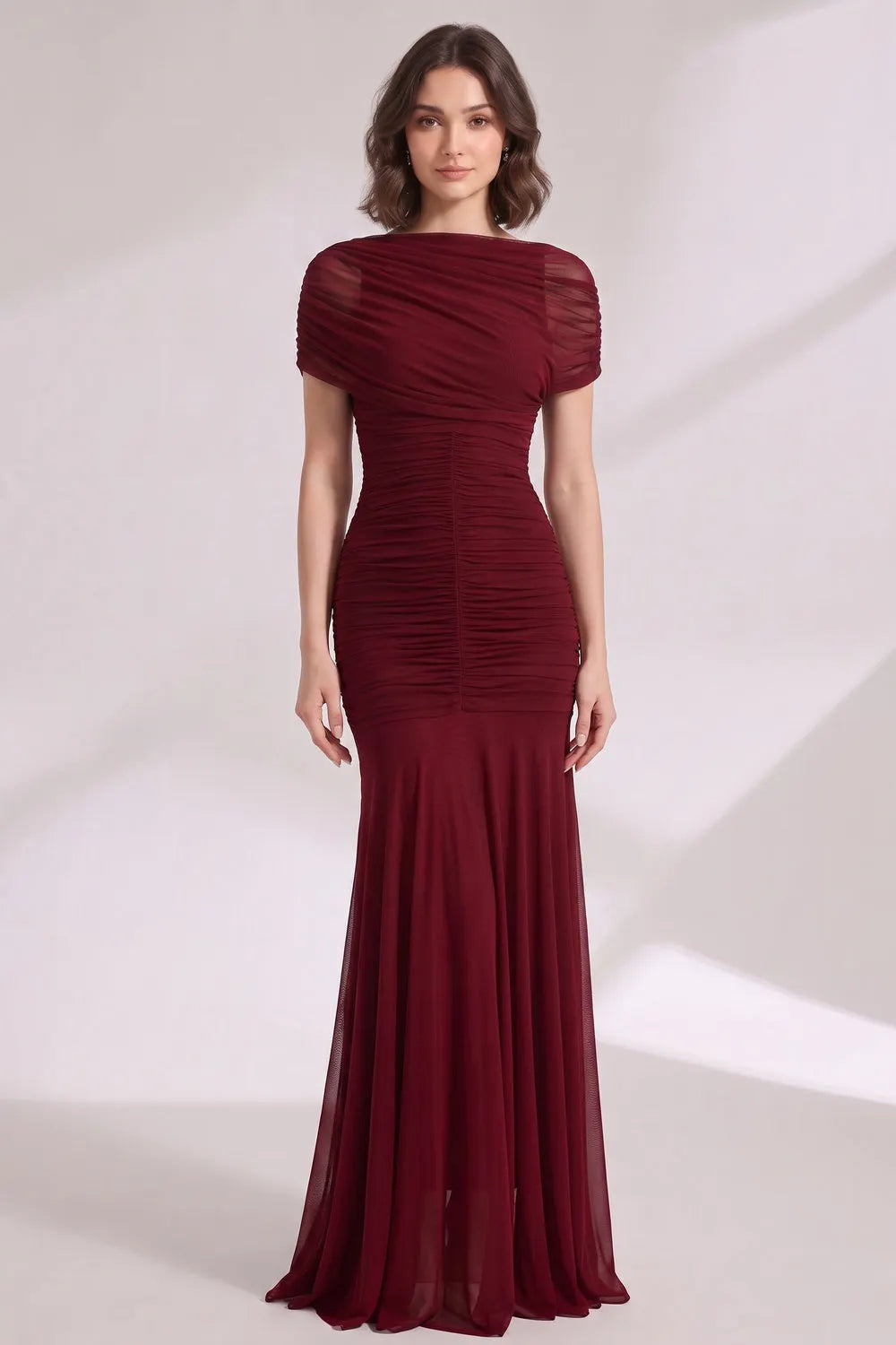 Burgundy Mesh Mermaid Evening Gown Flowering Girl
