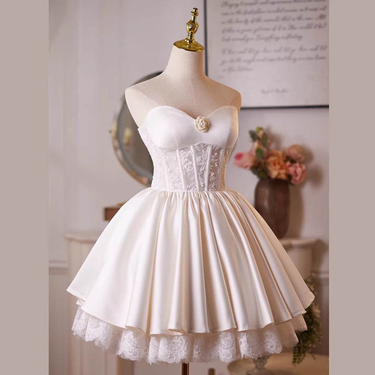 Helen White Flower Strapless Lace Satin Mini Dress Flowering Girl