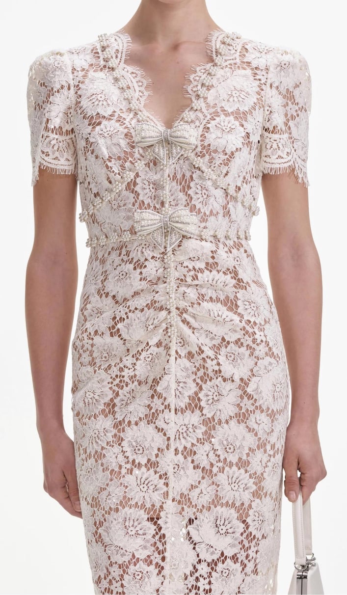 Crystal Bow Detailed V Neck Lace Midi Design Dress Flowering Girl