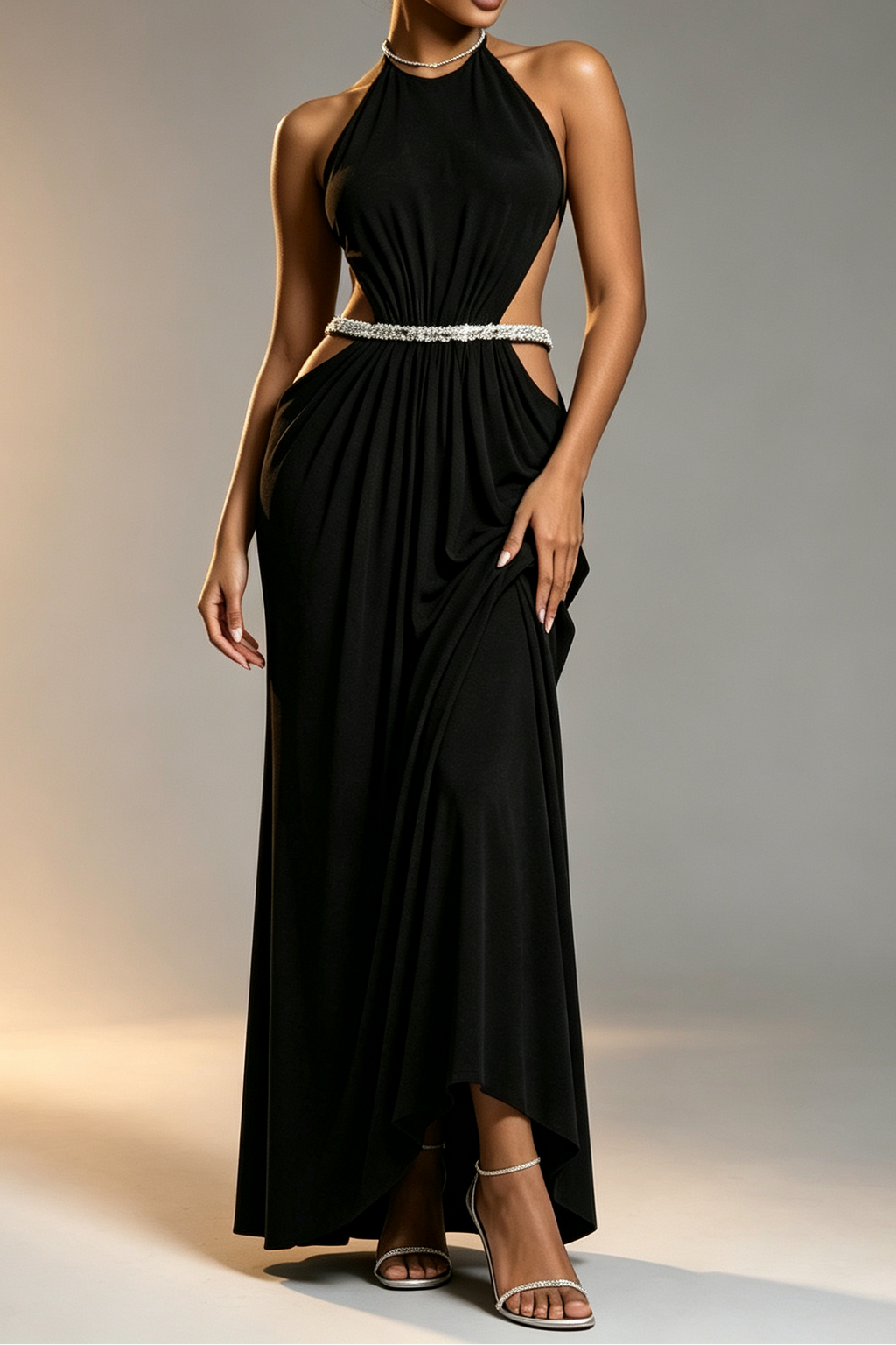 Black High Rhinestone Halter Double Crystal Band Side Waist Cutout Ruched Draped Mermaid Floor Length Formal Dress Flowering Girl