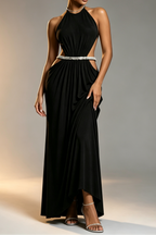 Black High Rhinestone Halter Double Crystal Band Side Waist Cutout Ruched Draped Mermaid Floor Length Formal Dress Flowering Girl