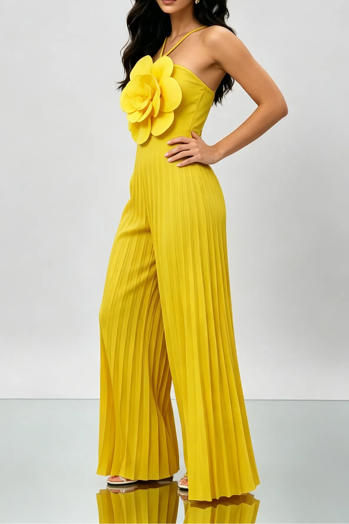 Bright Yellow 3D Floral Halter Pleated Wide Leg Jumpsuit Flowering Girl