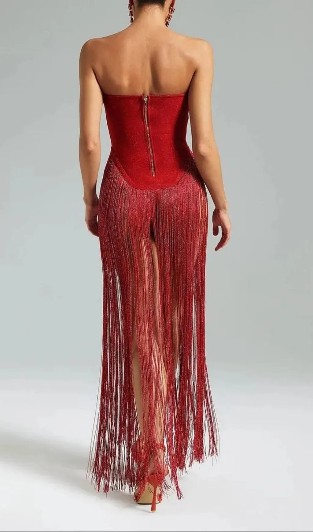 Helen Bodysuit Fringe Strapless Mini Dress In Red Flowering Girl