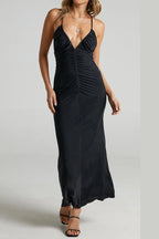 v-Neckline Pleated Bodycon Maxi Dress In Black Flowering Girl