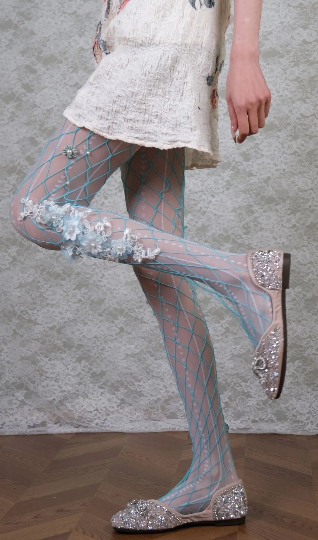 White Tights & Blue Floral Tights Set Flowering Girl
