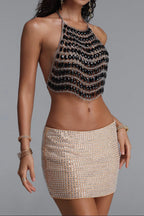 Oval Black Crystal Silver Chain Halter Crop Top Flowering Girl
