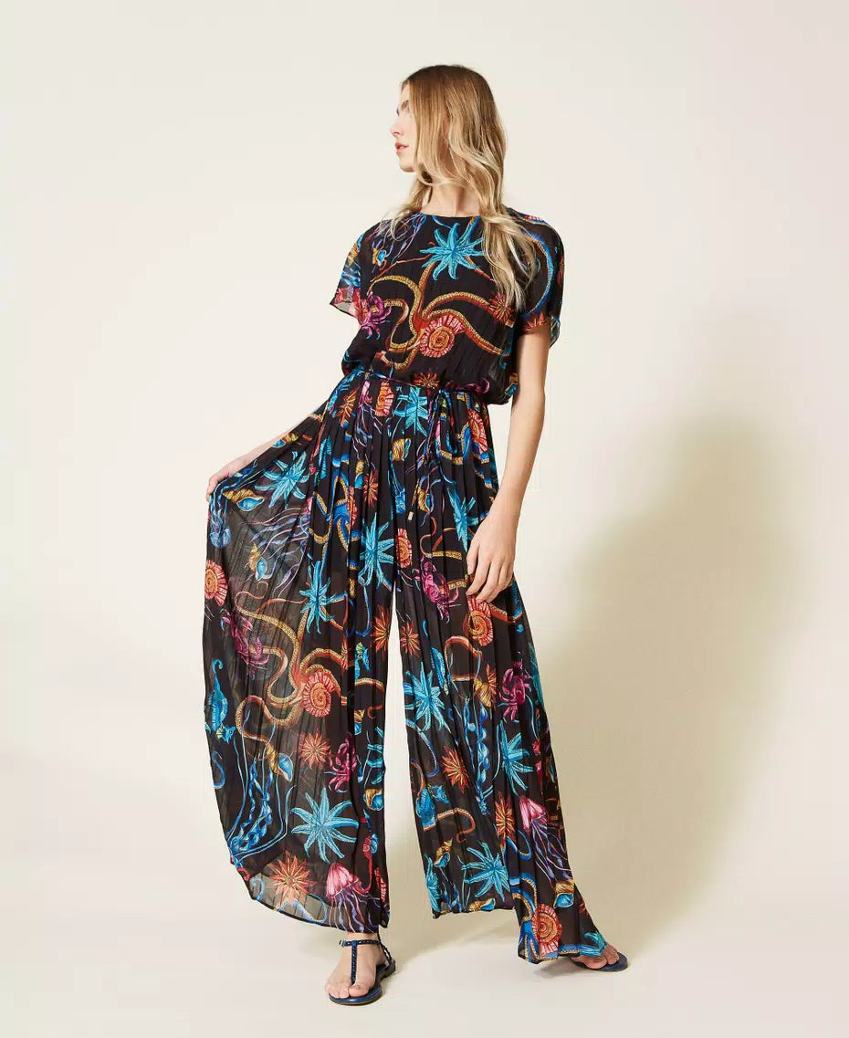 Printed Jumpsuit In Pleated Georgette Flowering Girl