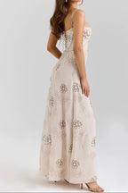 Beige Floral Beaded Spaghetti Strap Maxi Dress Flowering Girl