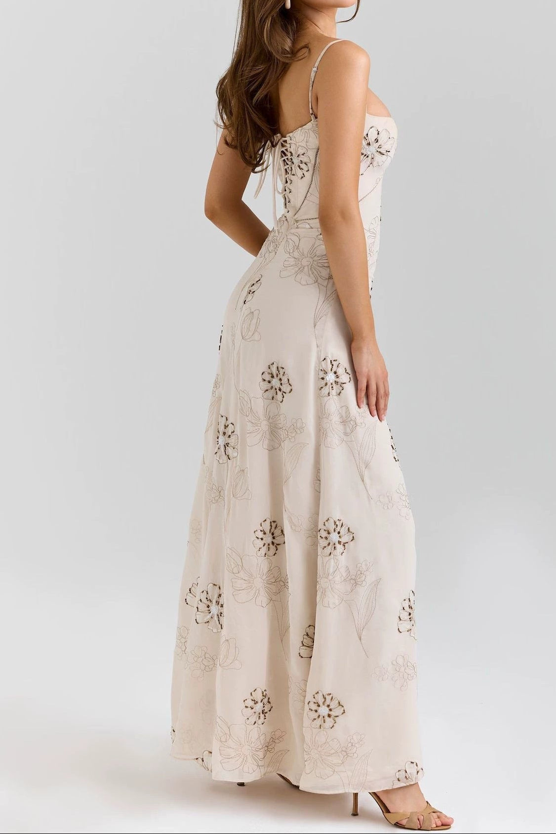 Beige Floral Beaded Spaghetti Strap Maxi Dress Flowering Girl