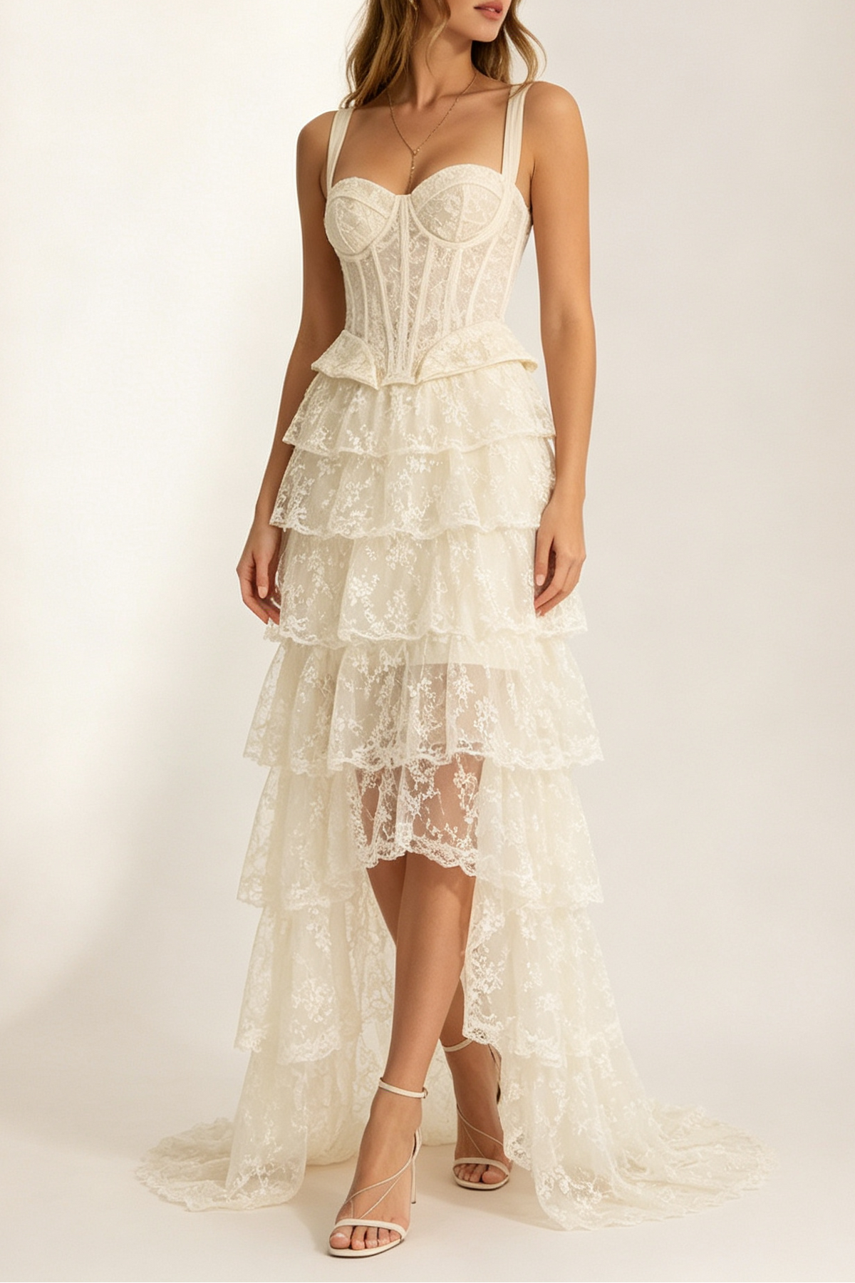 Ivory Wide Strap Lace Corset Peplum Top & Tiered High Low Lace Skirt Set Flowering Girl