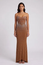 Brown Mesh Fitted Column Gown with Crystal Embellishments Flowering Girl