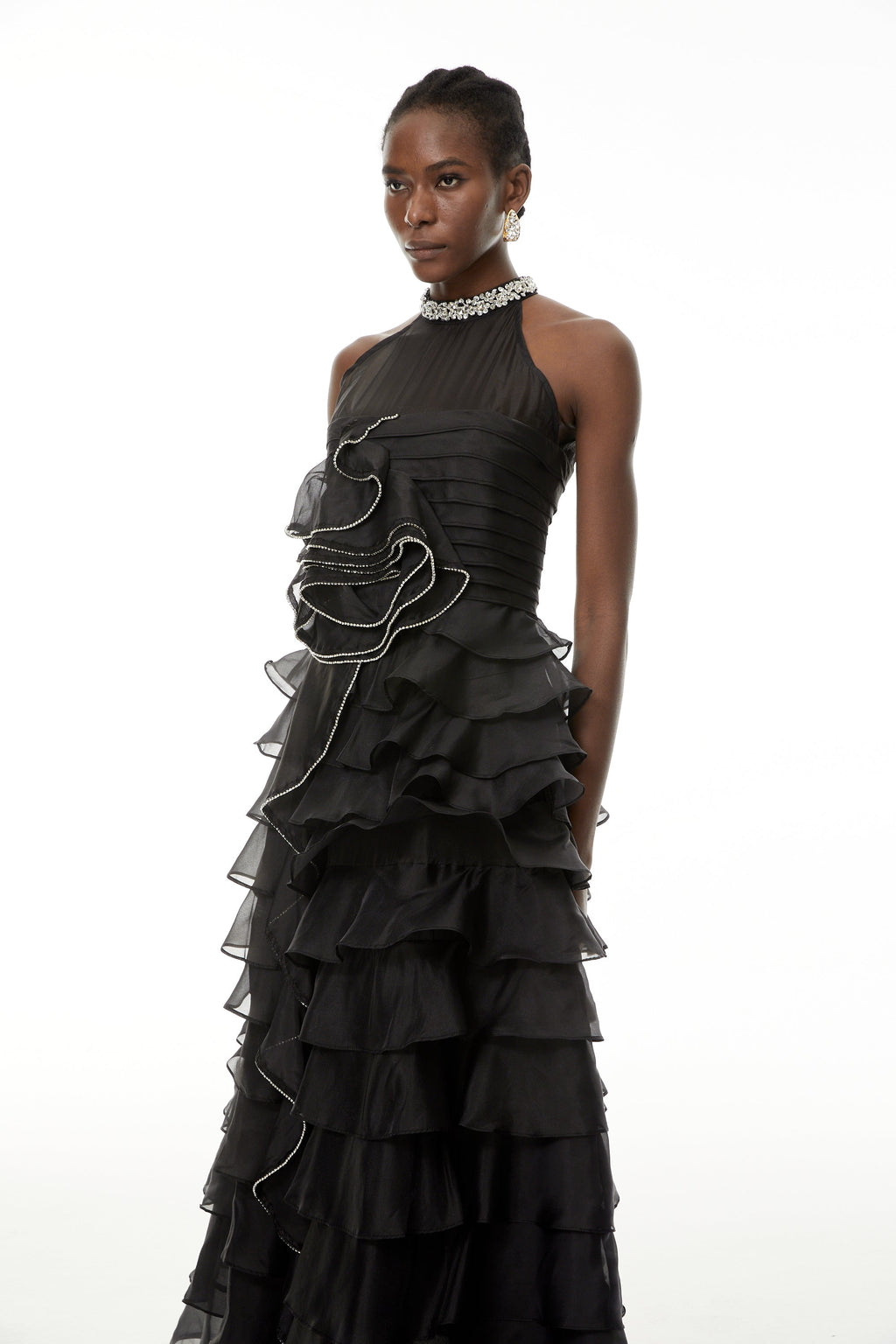 Samantha Black 3D Petal Ruffled Rhinestone Embellished Maxi Dress Flowering Girl