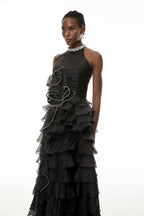 Samantha Black 3D Petal Ruffled Rhinestone Embellished Maxi Dress Flowering Girl