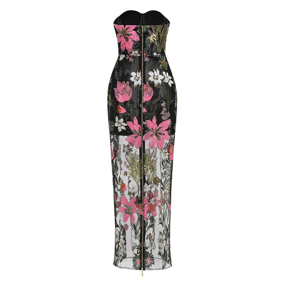 Black Floral Embroidered Mesh Column Dress Flowering Girl