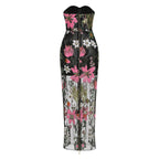 Black Floral Embroidered Mesh Column Dress Flowering Girl