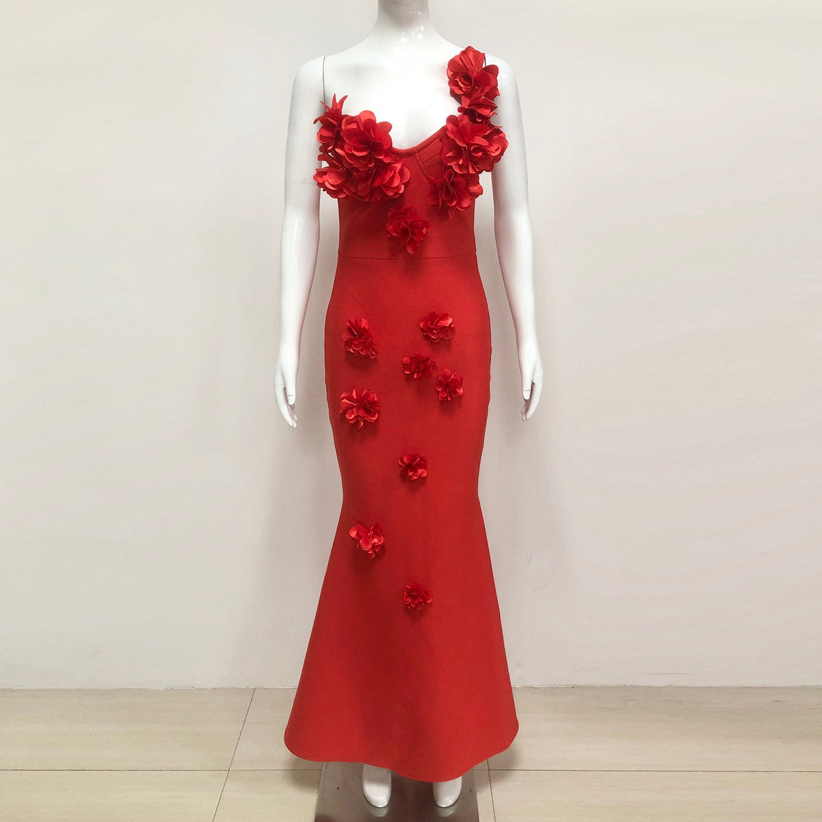 candice one-shoulder flower bodycon maxi dress in red Flowering Girl