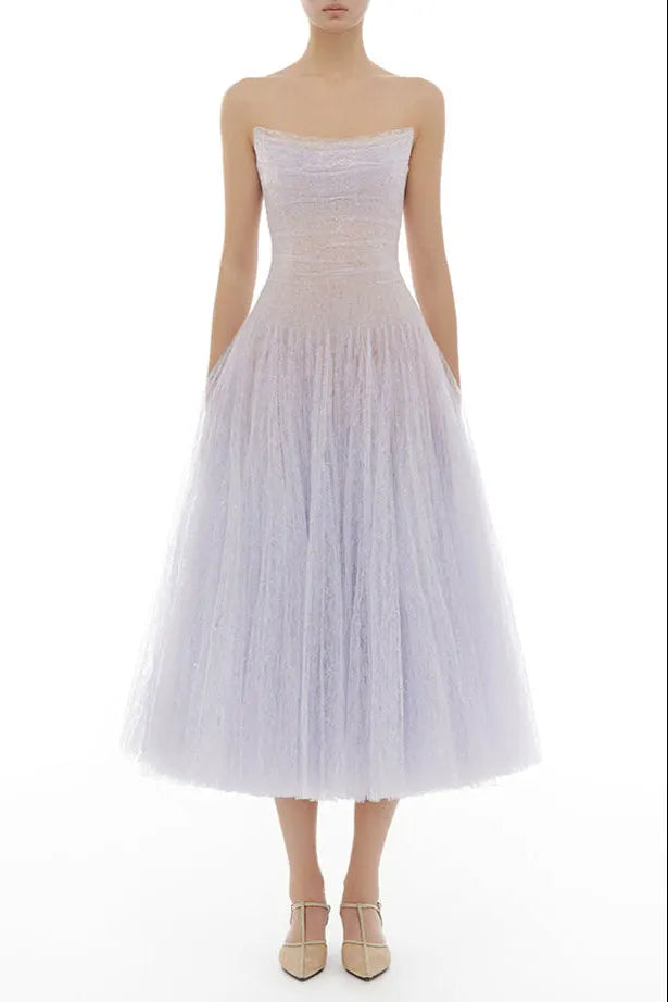 Violet Draped Lace Midi Dress Flowering Girl
