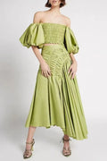 Giselle Drawstring Off-Shoulder Midi Skirt - Green Flowering Girl
