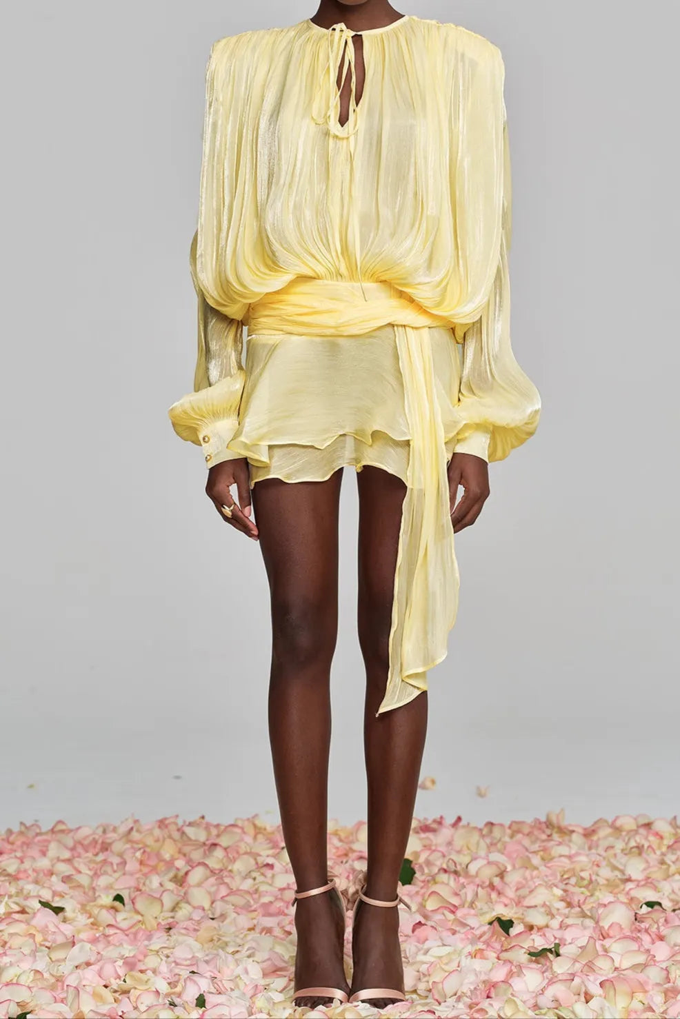 Hermosa Balloon Sleeve Ruch Ruffle Mini Dress In Yellow Flowering Girl
