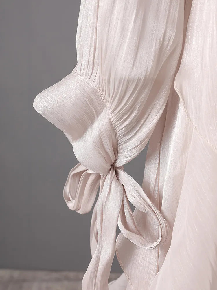 Champagne Shimmer Chiffon High Neck Tie Cuff Ruffled Maxi Gown Flowering Girl